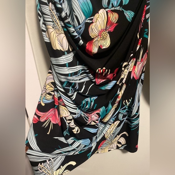 Jennifer Lopez | Black Floral Long Sleeve Ruched Dress - V Neck - Stretchy - M - Picture 4 of 7